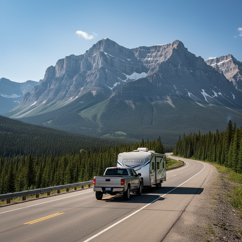 Pickup truck towing a travel trailer on a mountain highway in the Canadian Rockies