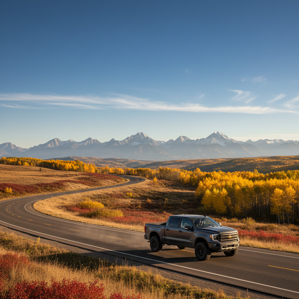 Pickup truck on a highway through the Alberta foothills near Cochrane with the Rockies in the distance
