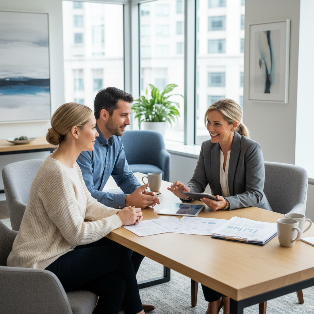 Couple discussing auto loan options with an advisor at a financing office in Canada