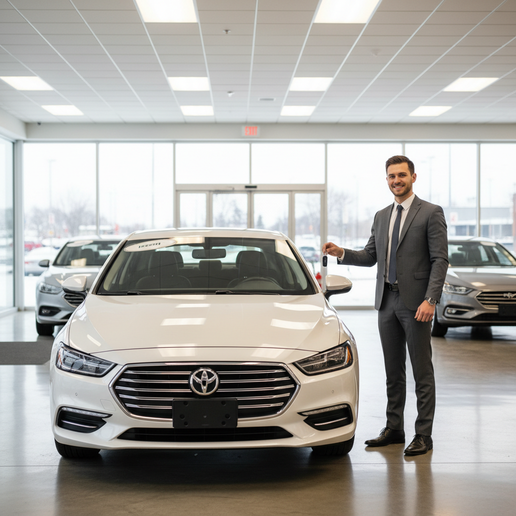 Salesperson handing over keys for a low-mileage demo vehicle in a Canadian dealership showroom