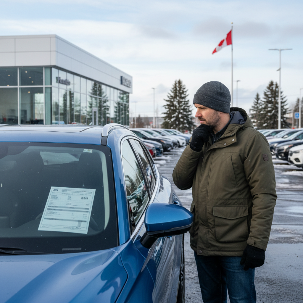 Car buyer reviewing the MSRP window sticker price on a new vehicle at a Canadian dealership