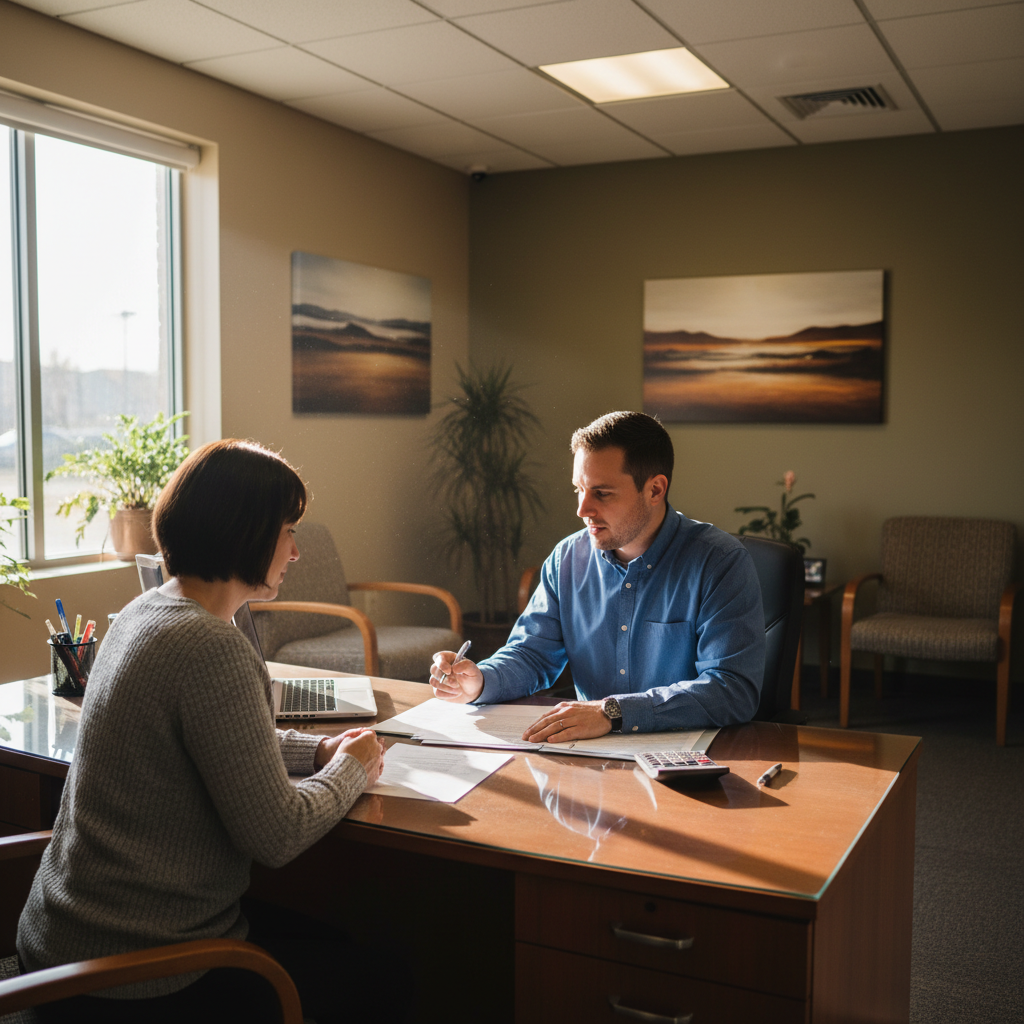 Loan officer and customer reviewing car loan paperwork at a Canadian credit union branch