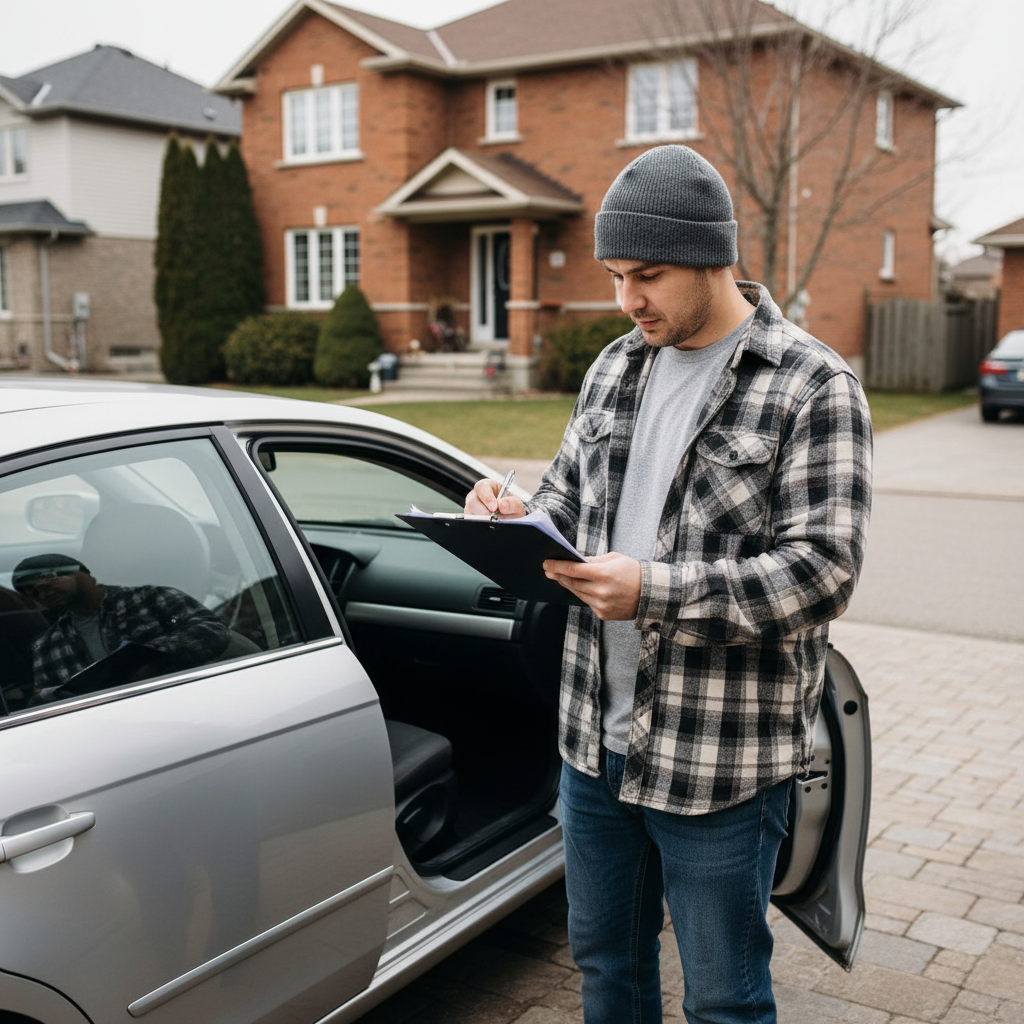 Canadian driver reviewing loan paperwork on a clipboard beside a parked car in a driveway