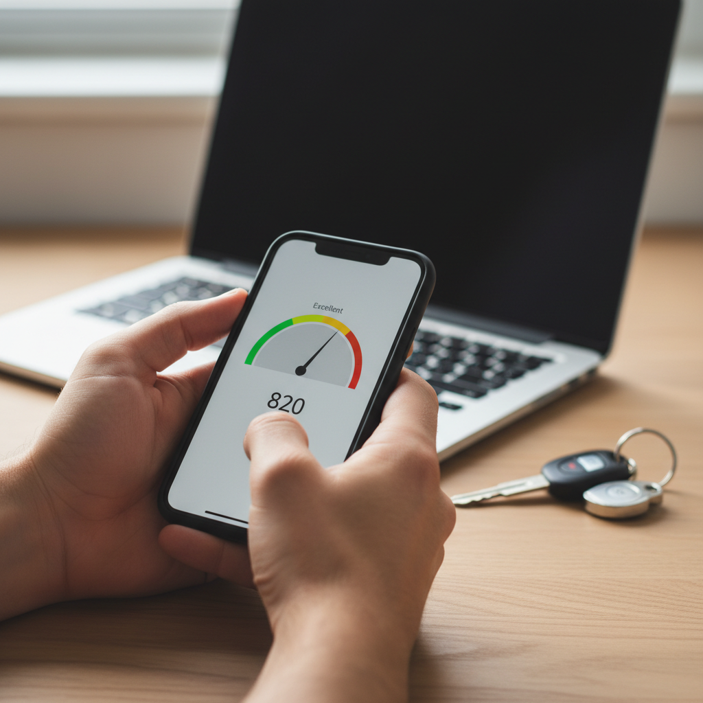 Person checking their credit score on a smartphone before applying for a car loan in Canada