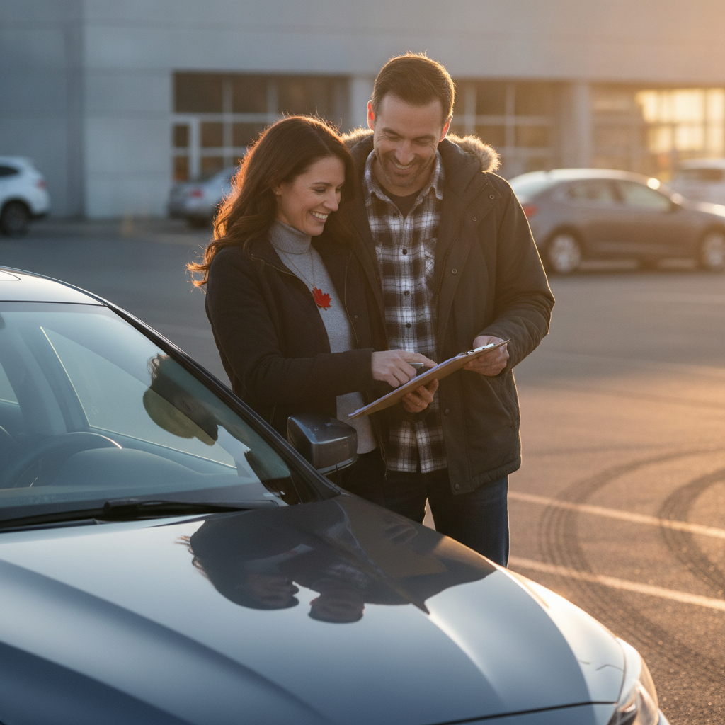 Couple reviewing a vehicle financing contract beside a car on a Canadian dealership lot
