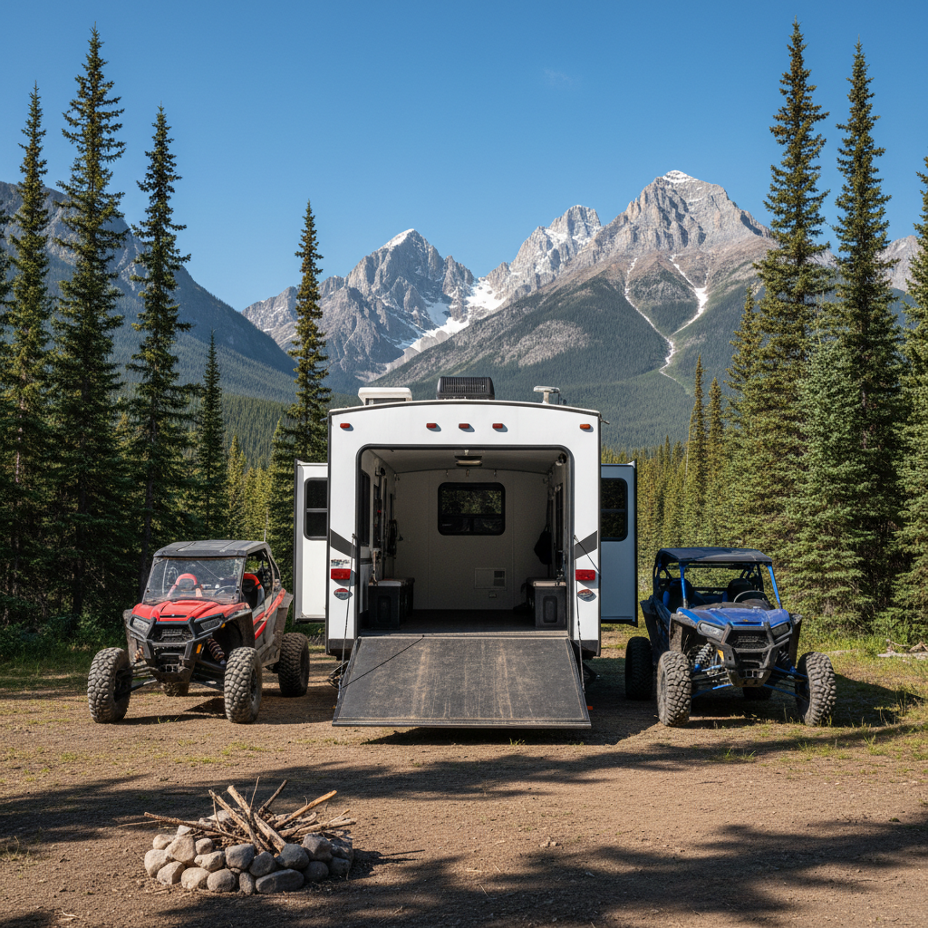 White toy hauler trailer with its rear ramp lowered and two side-by-sides parked beside it at a Rockies foothills campsite