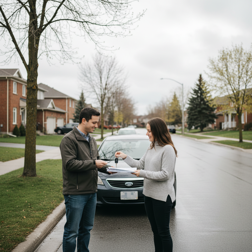Two people exchanging car keys and paperwork on a residential street in Canada