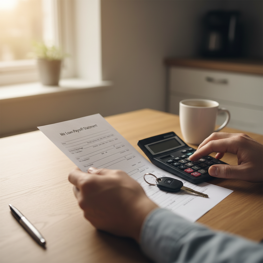 Person reviewing a car loan payoff statement with keys on the table