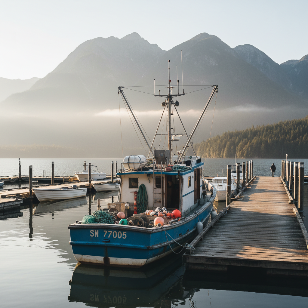 Fishing boat docked at a marina on a British Columbia lake with mountains in the background