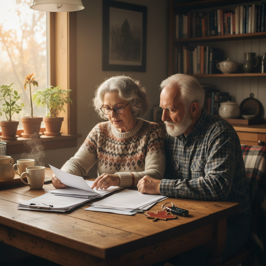 Older Canadian couple reviewing papers at a kitchen table with car keys nearby in warm natural light