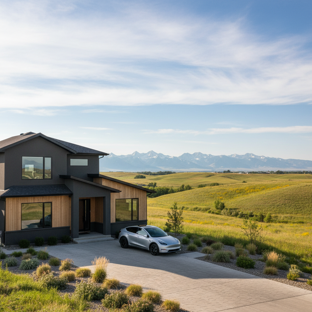 Crossover parked in an Airdrie Alberta prairie suburb driveway under a foothills sky