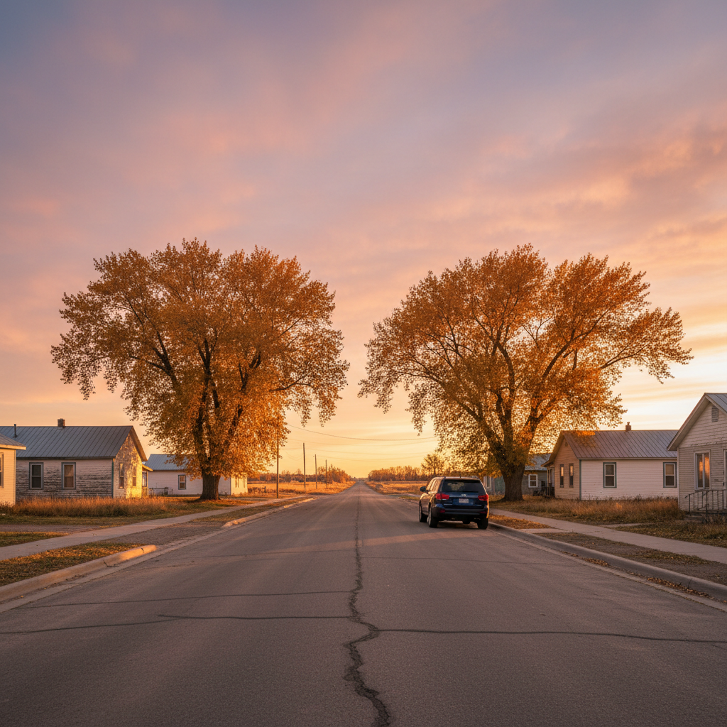 Dark blue modern SUV parked on a quiet prairie town street in Alberta at golden hour