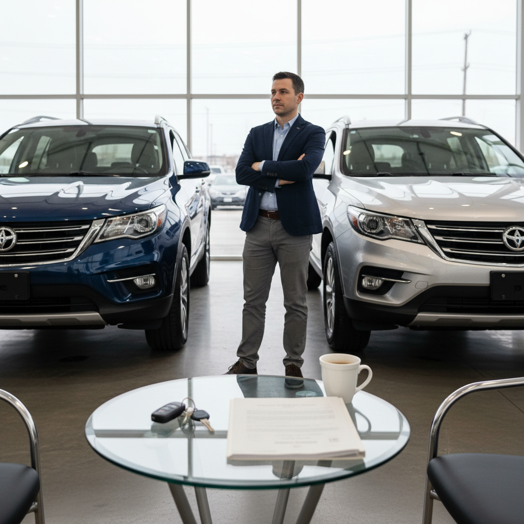Two similar SUVs parked side by side in a Canadian dealership showroom with car keys and a lease document on a table, representing the choice between leasing and financing a vehicle