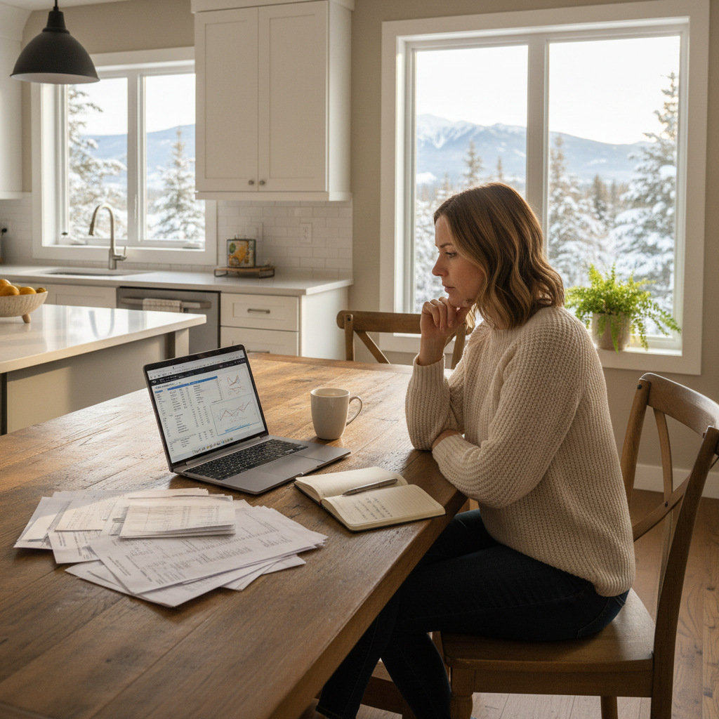 Woman reviewing bank statements and financial documents at a kitchen table in Canada