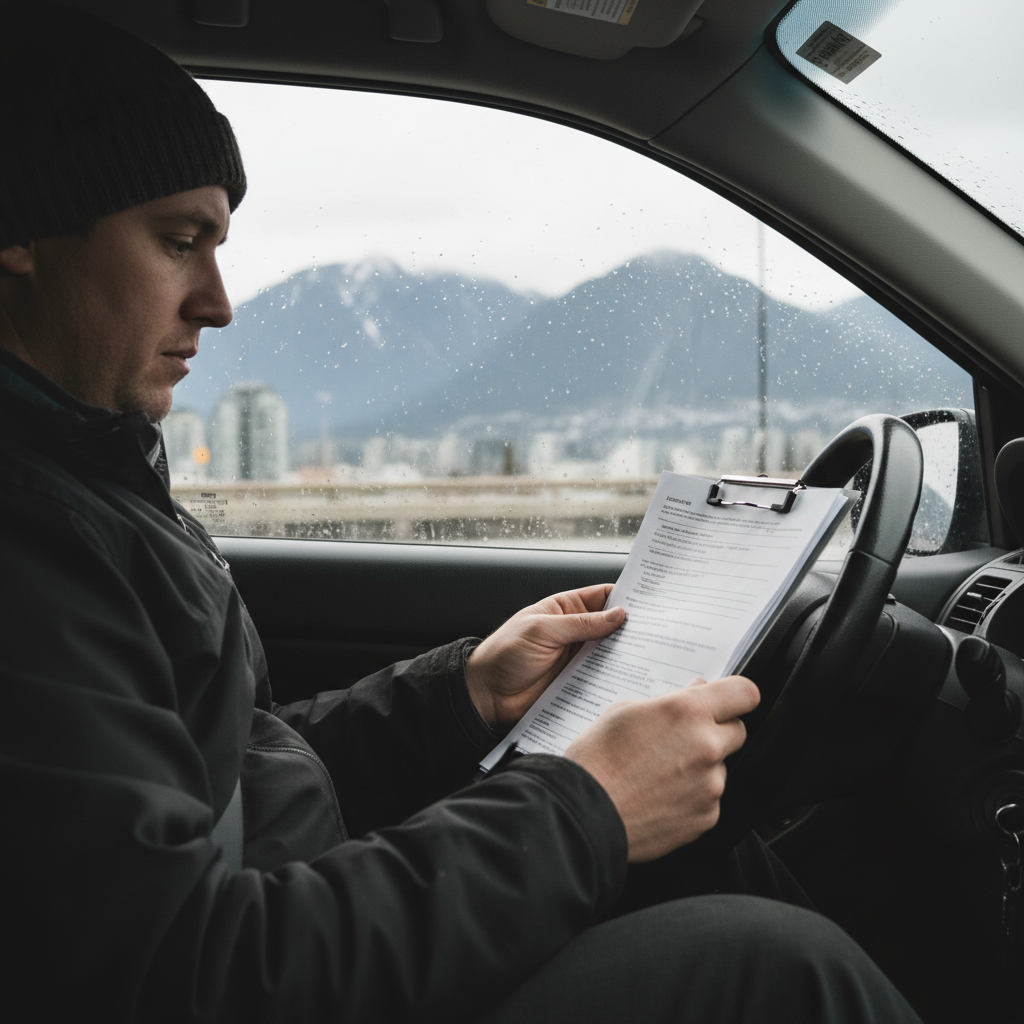Person reviewing car loan paperwork inside a parked car with Vancouver mountains visible through the windshield