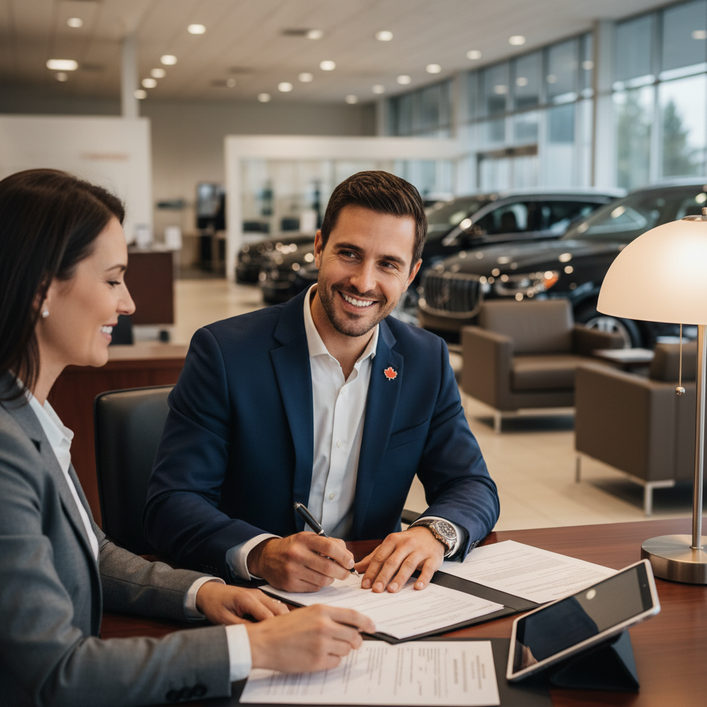 Man signing car loan paperwork at a dealership finance desk with a finance manager in Canada