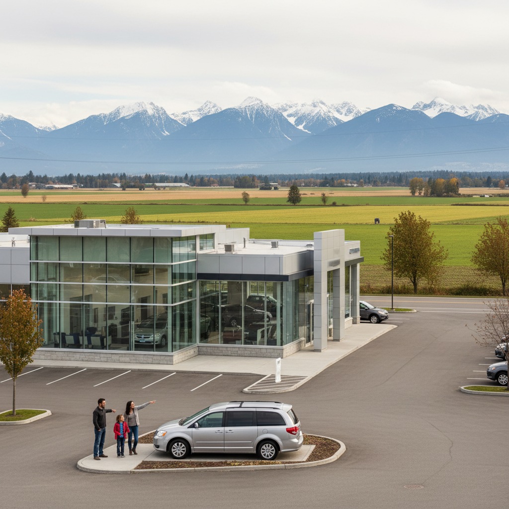 Family looking at a minivan at a Langley, BC dealership with Fraser Valley farmland in the background