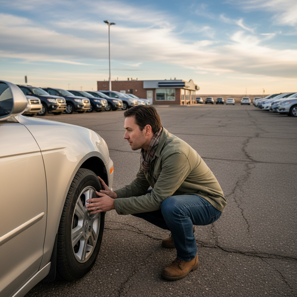 A person crouches down to inspect the front wheel and undercarriage of a used sedan on a car dealership lot in Edmonton, Alberta, with rows of used vehicles and a prairie sky in the background