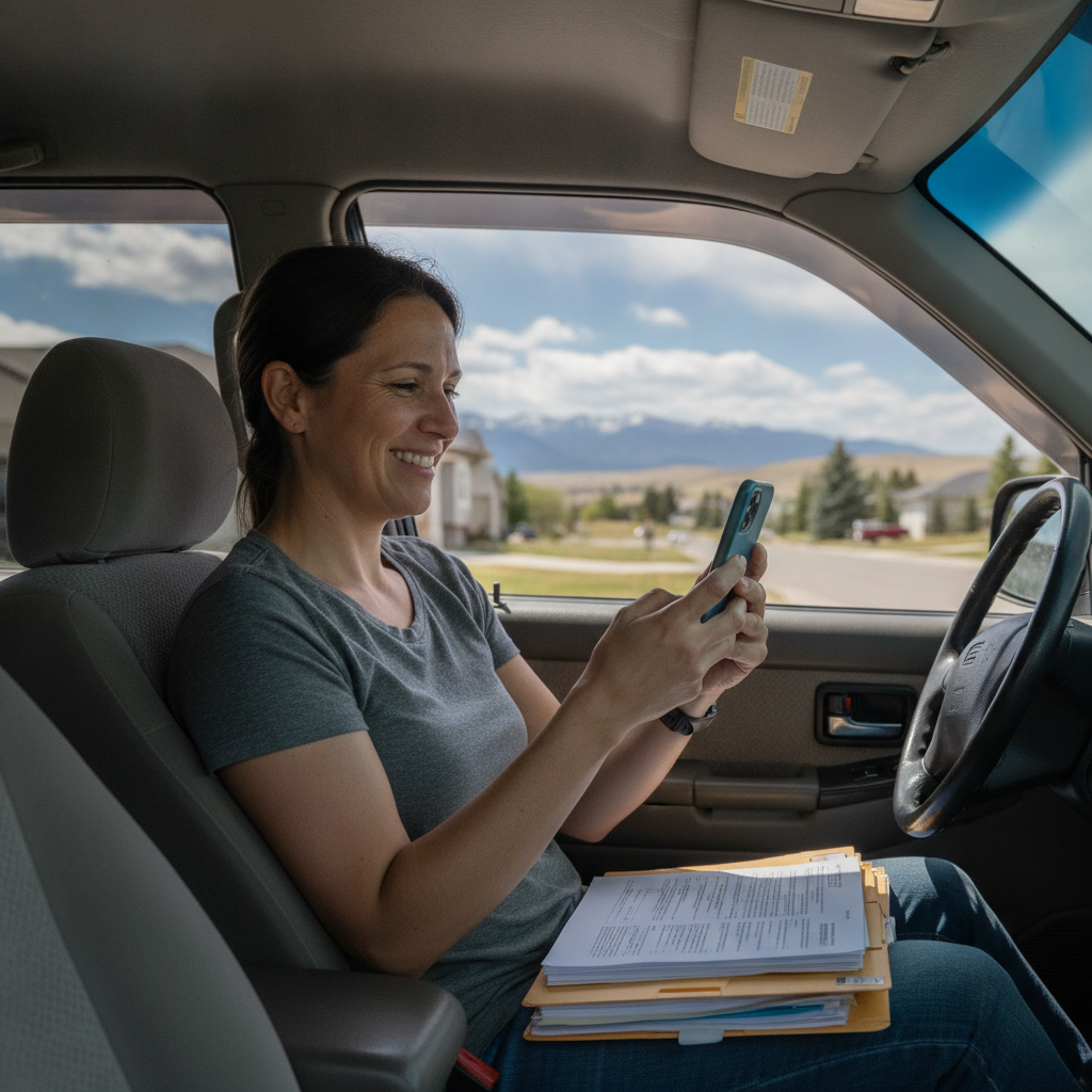 Woman checking a car loan pre-approval on her phone while sitting in an SUV parked in a Calgary driveway with prairie sky and foothills in the background