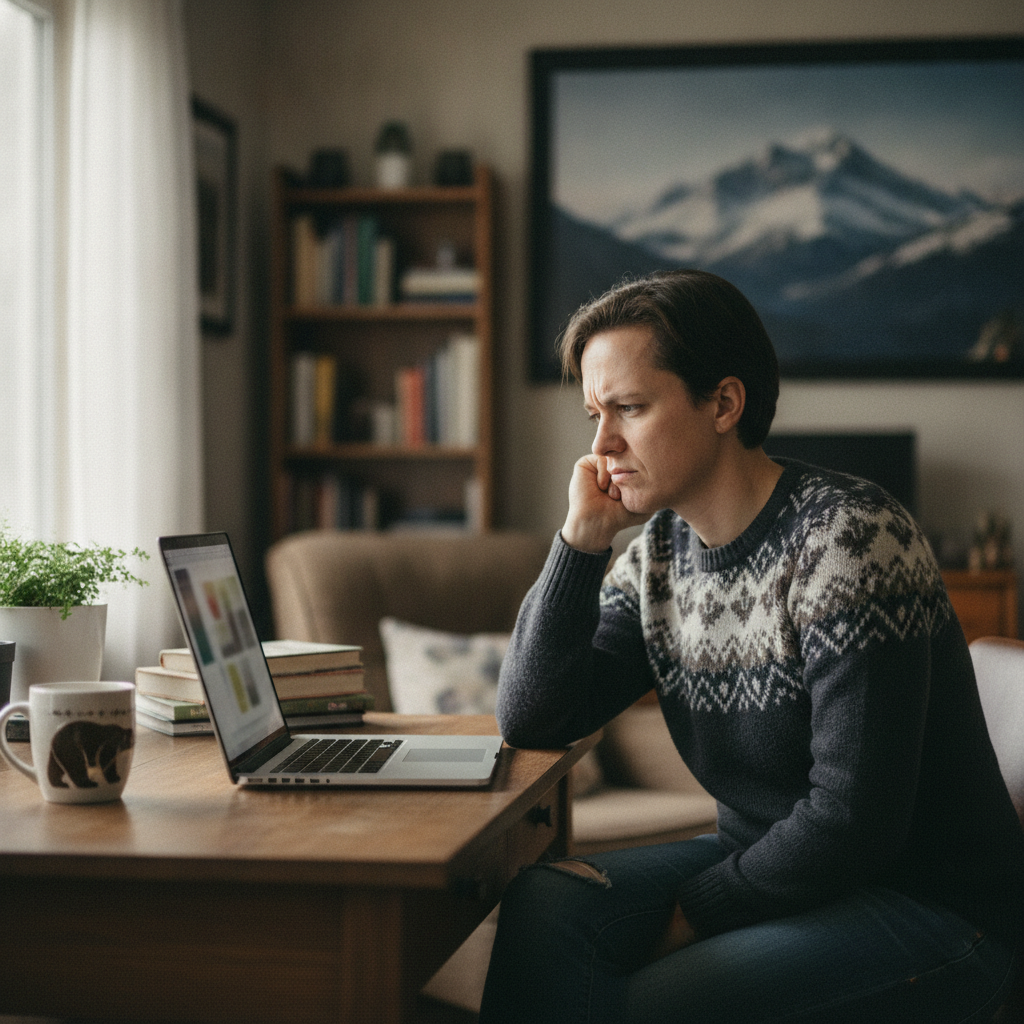 Person looking thoughtfully at a laptop screen while researching car loan options