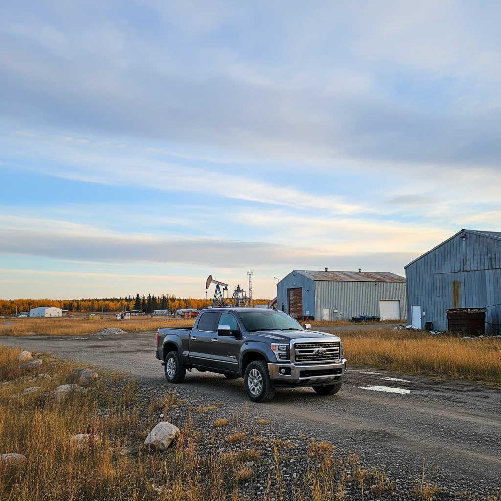 Pickup truck parked near an industrial yard on the outskirts of Grande Prairie Alberta under a wide prairie sky