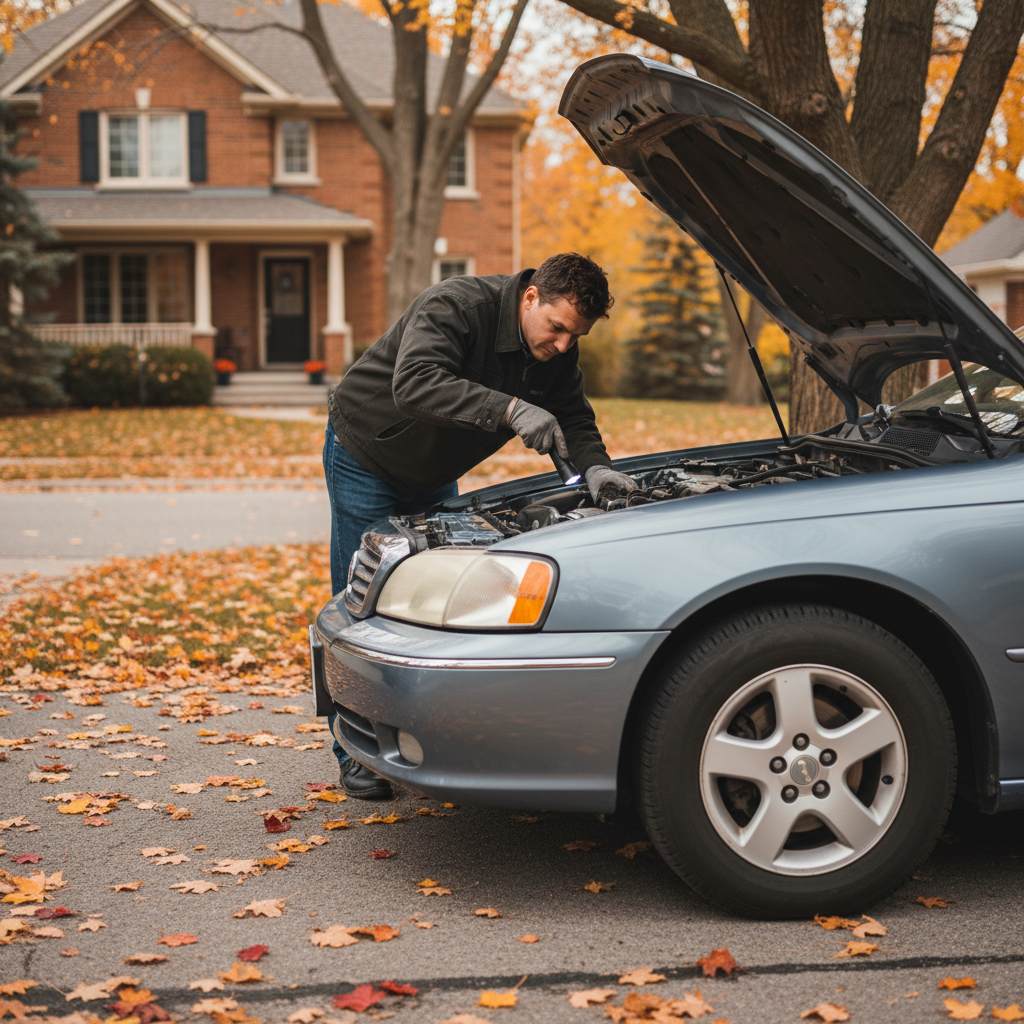 Person inspecting the engine of an older used sedan in a Canadian driveway in autumn