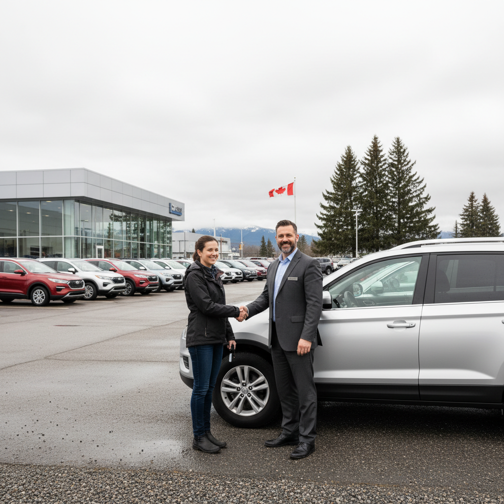 Customer and dealership salesperson shaking hands beside a used SUV on a dealership lot