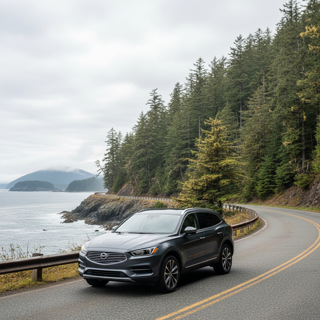 SUV parked on a scenic coastal road near Nanaimo, Vancouver Island, BC