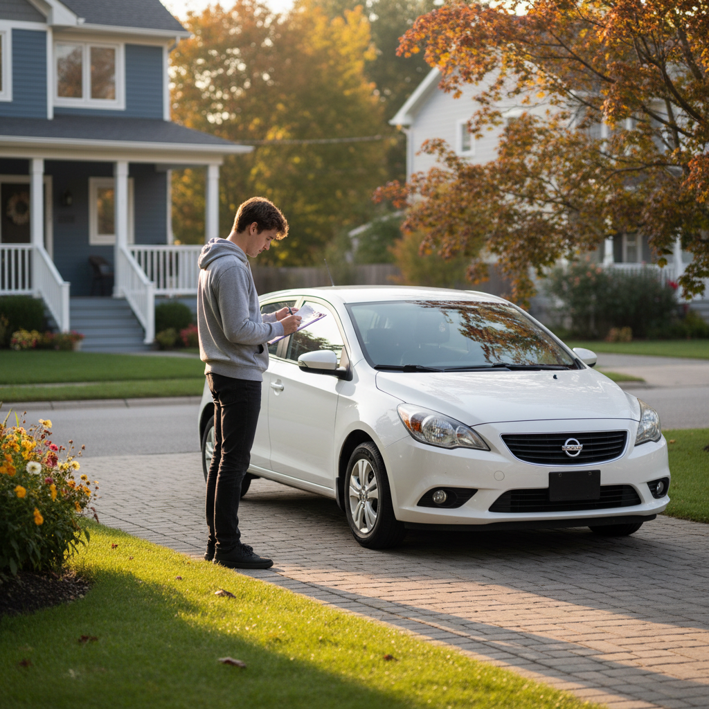 Young Canadian driver reviewing documents beside a car in daylight