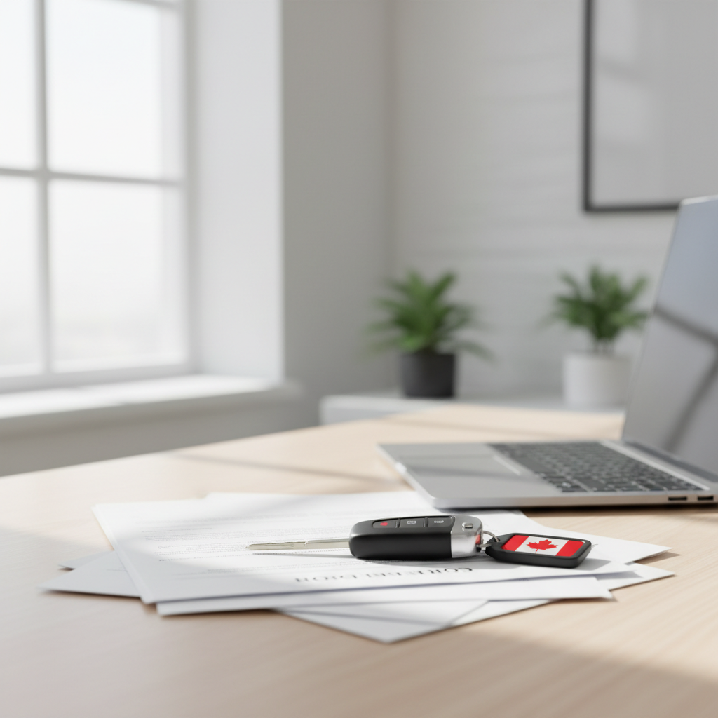 Car keys and documents on a desk beside a laptop in a bright Canadian office