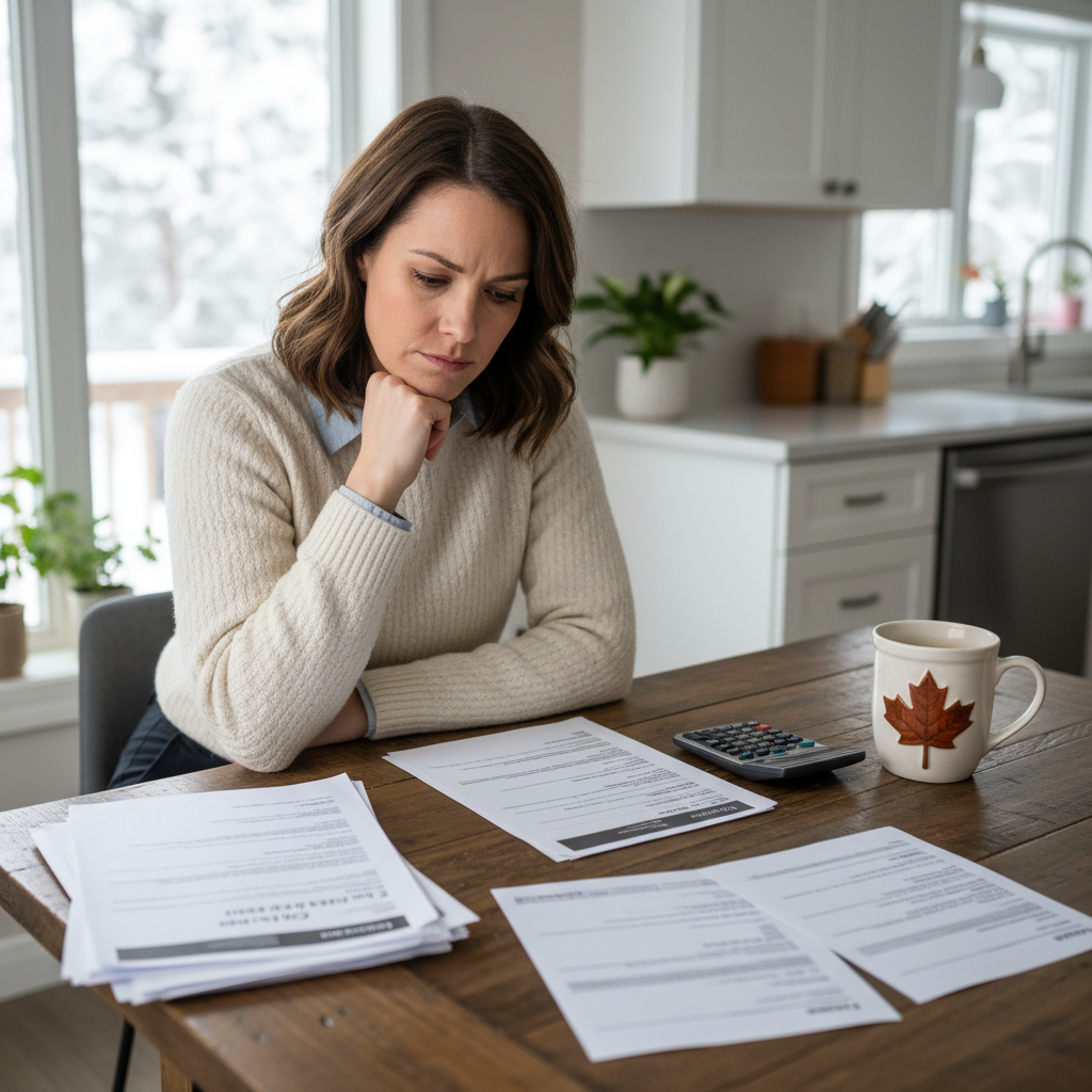 Woman reviewing printed car loan offers at a kitchen table while comparing credit union and bank financing options
