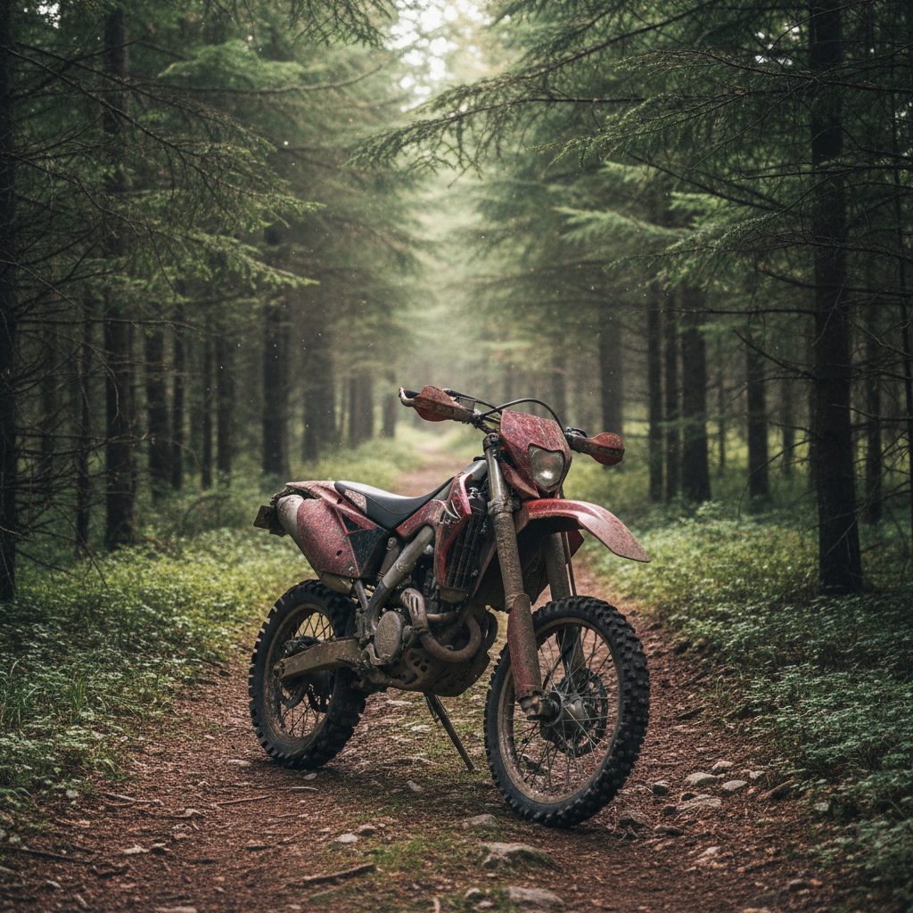 Dirt bike parked on a forest trail in the Canadian outdoors