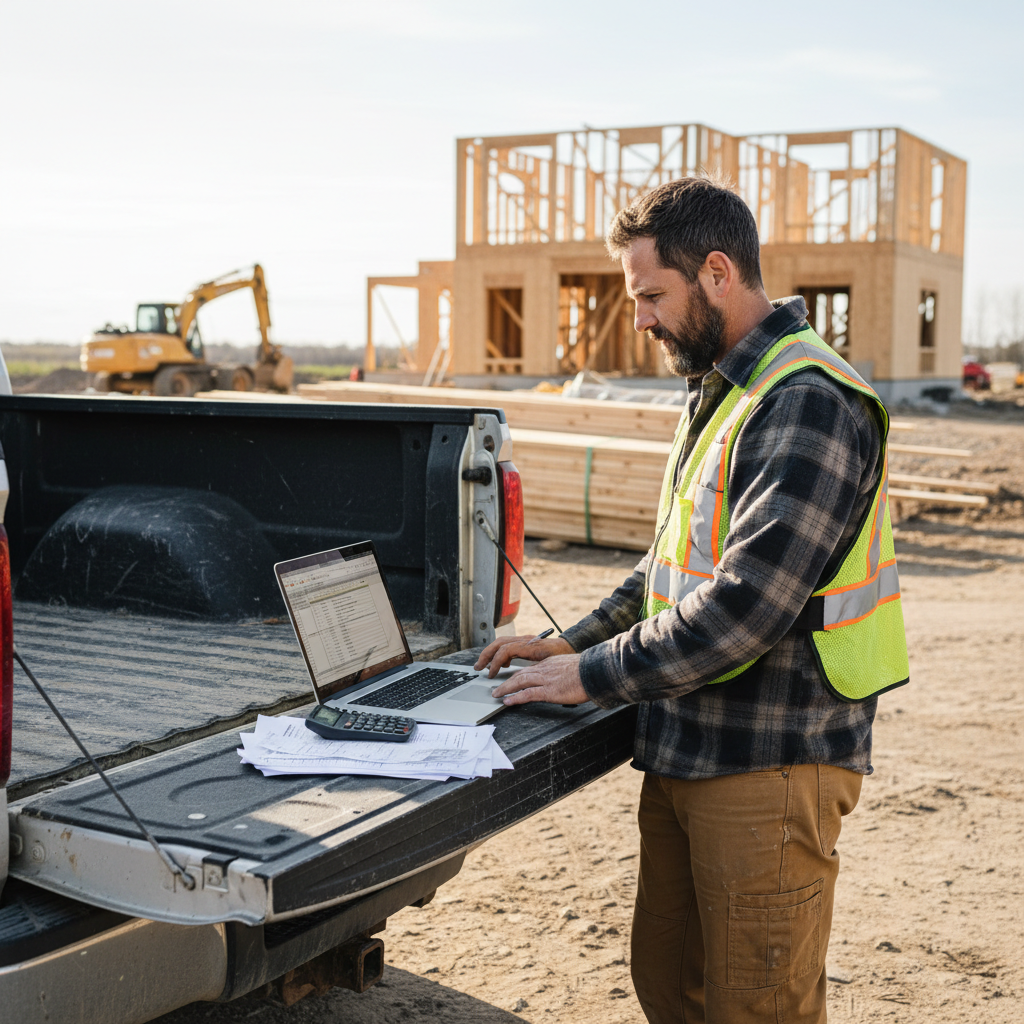 Self-employed Canadian tradesperson reviewing tax documents beside a work truck