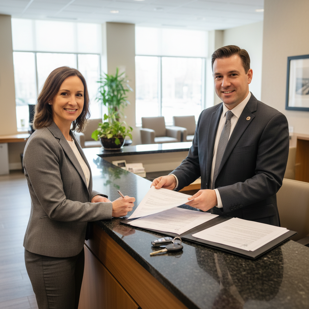 Two people signing car loan refinance paperwork at a bank counter with car keys on the counter