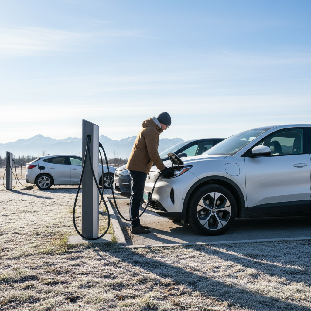 Person plugging a charging cable into an electric vehicle at an outdoor charging station in Canada