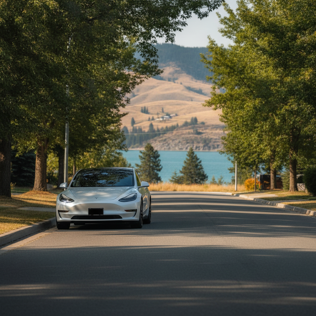 Sedan parked on a residential street in Kelowna, British Columbia with Okanagan hills in soft focus