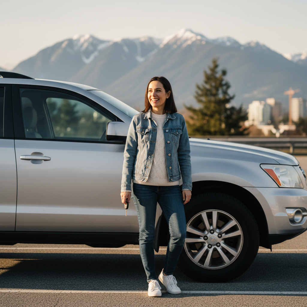 Woman standing beside her car in Vancouver with North Shore mountains in the background, illustrating car loan financing in Vancouver