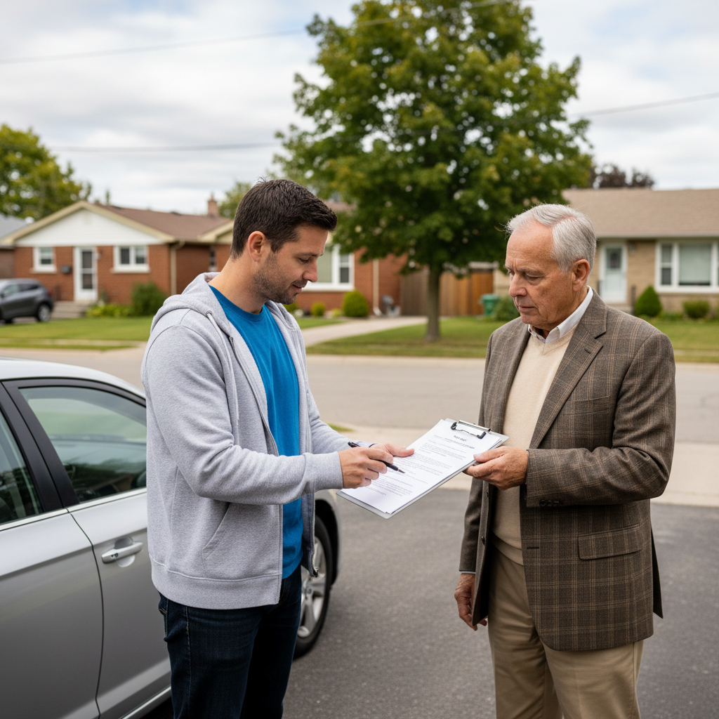 Two people reviewing car loan paperwork beside a sedan in a Canadian driveway
