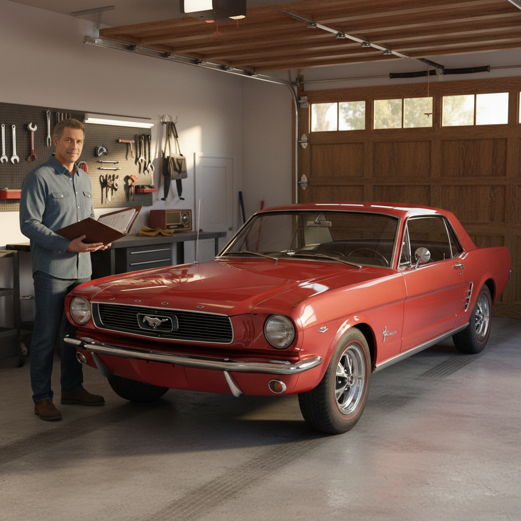 Owner standing beside a well-maintained classic car in a garage with financing paperwork