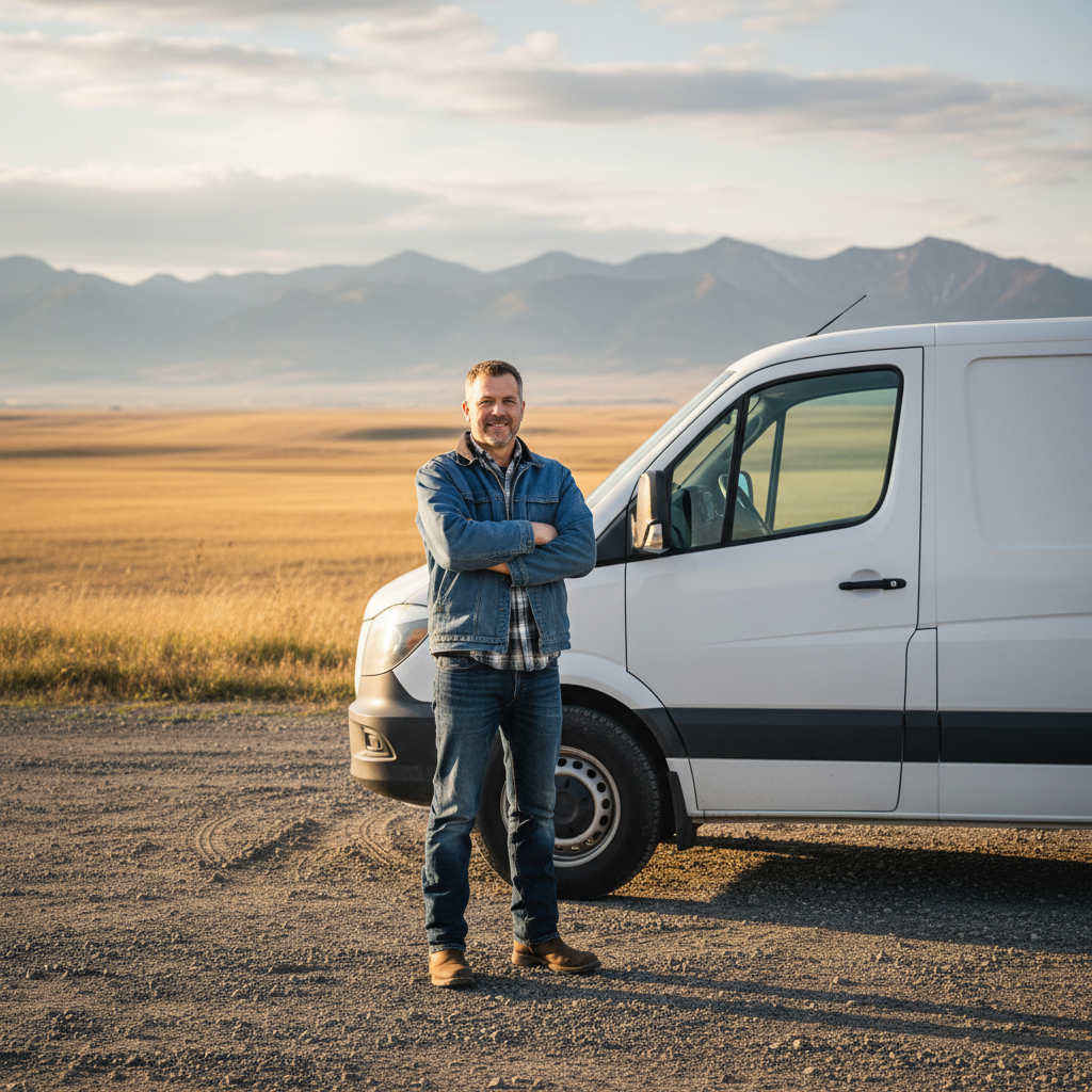 Small business owner standing beside a white commercial cargo van in a gravel lot with Canadian prairie and mountain scenery in the background