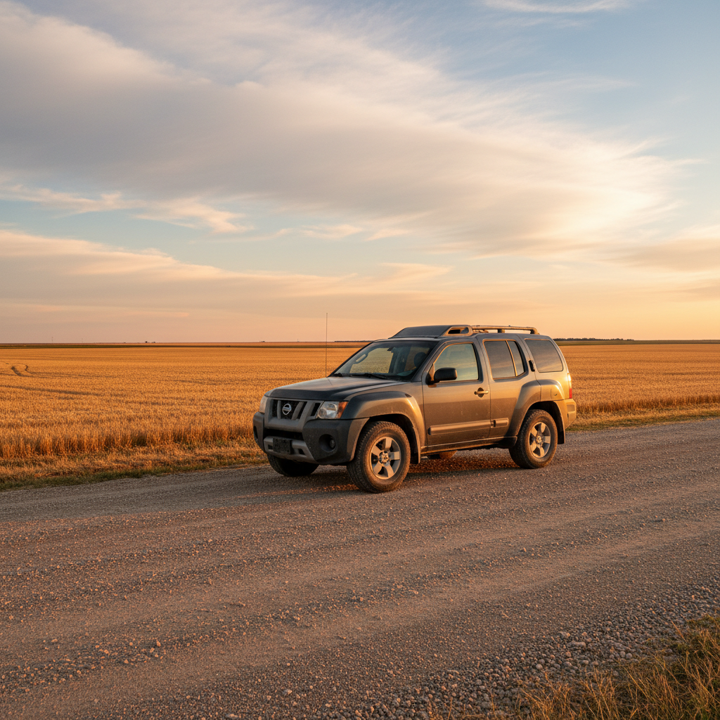 Used SUV parked on a gravel road beside harvested wheat fields near Humboldt, Saskatchewan