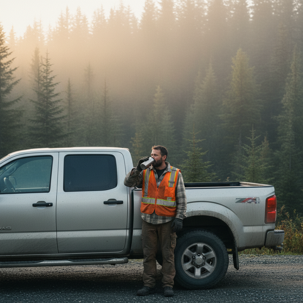 Seasonal worker in high-visibility vest beside a pickup truck at a Canadian job site dawn