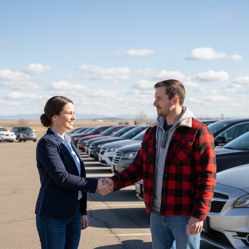 Car salesperson shaking hands with a customer on a dealership lot in central Alberta with prairie landscape in the background