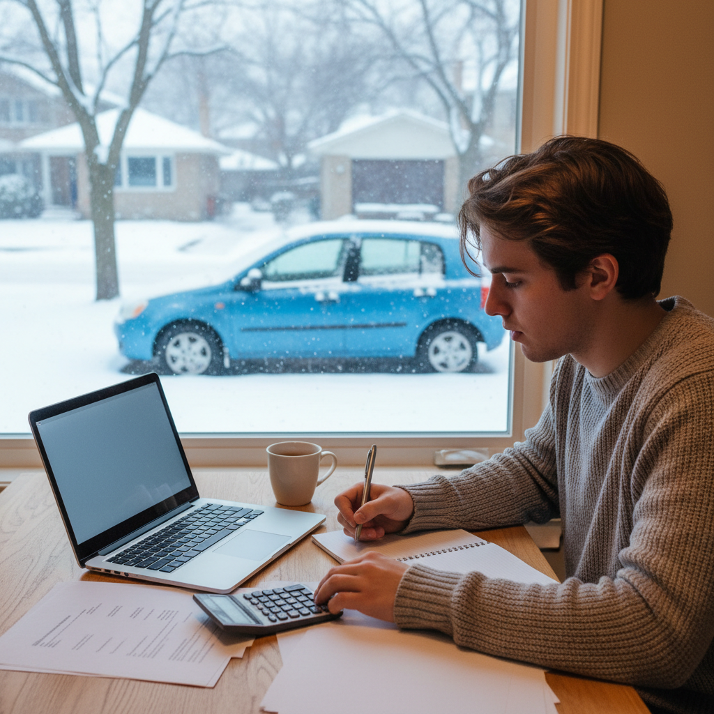 Young adult planning a budget at a kitchen table with a used hatchback parked in a snowy Canadian driveway outside