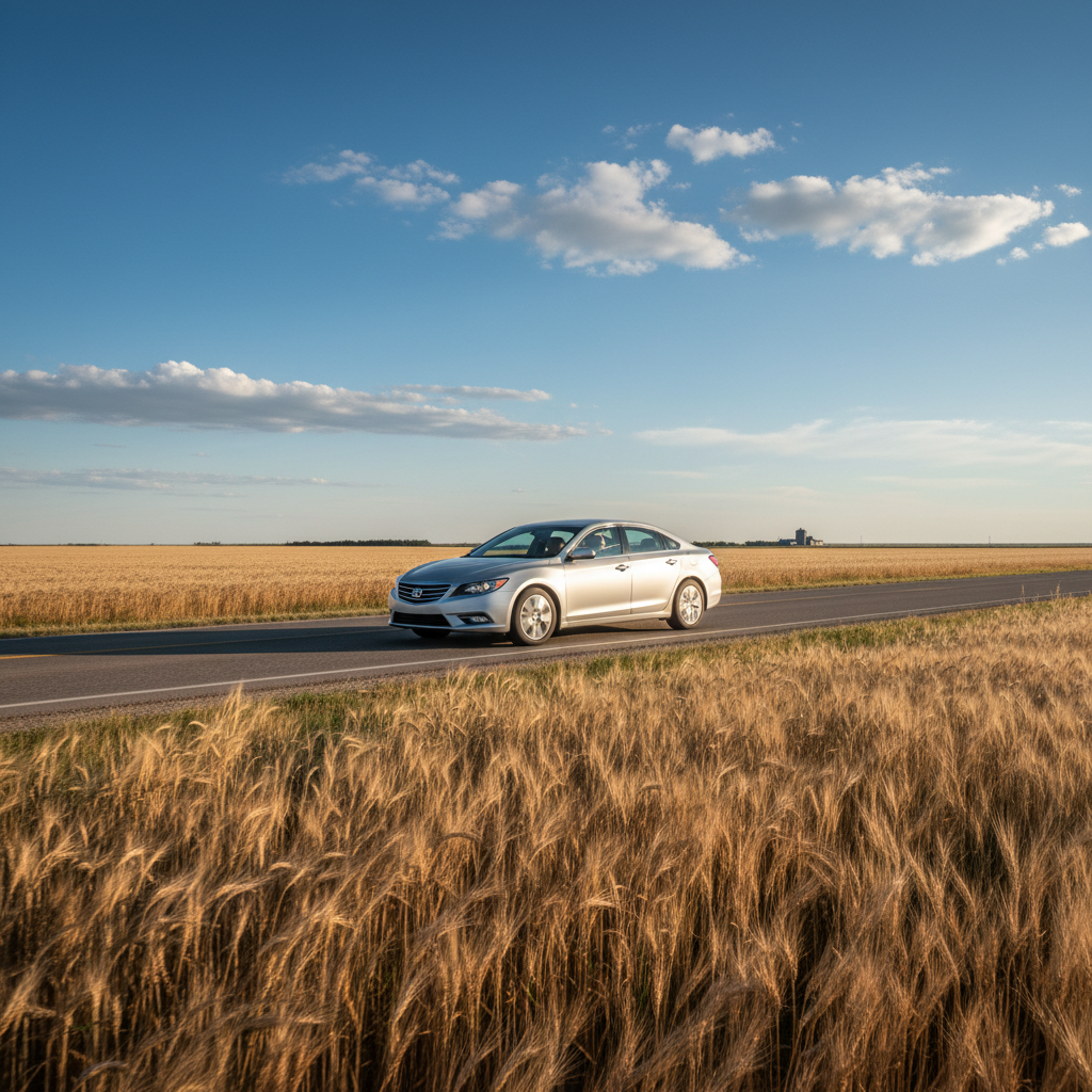 Car driving on a rural highway through open Saskatchewan prairie farmland under a wide blue sky