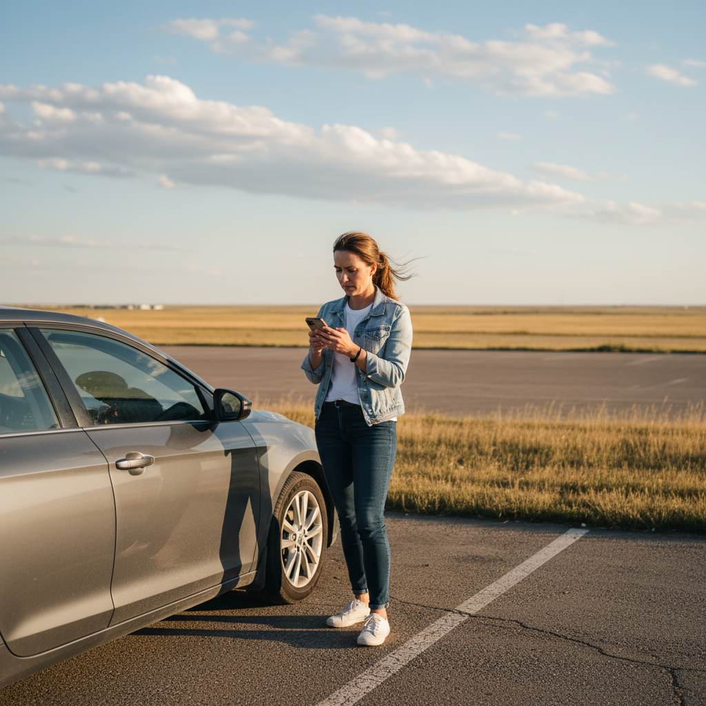 Woman checking her smartphone beside a car in a Saskatchewan parking lot while estimating car loan payments