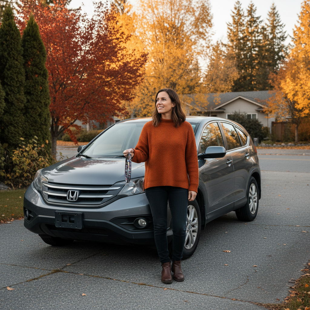 Woman holding car keys beside a used SUV in a Canadian residential driveway