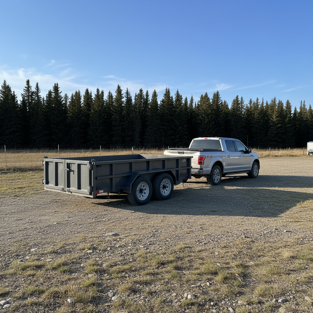 Steel dump trailer hitched to a pickup truck in a rural Alberta farmyard