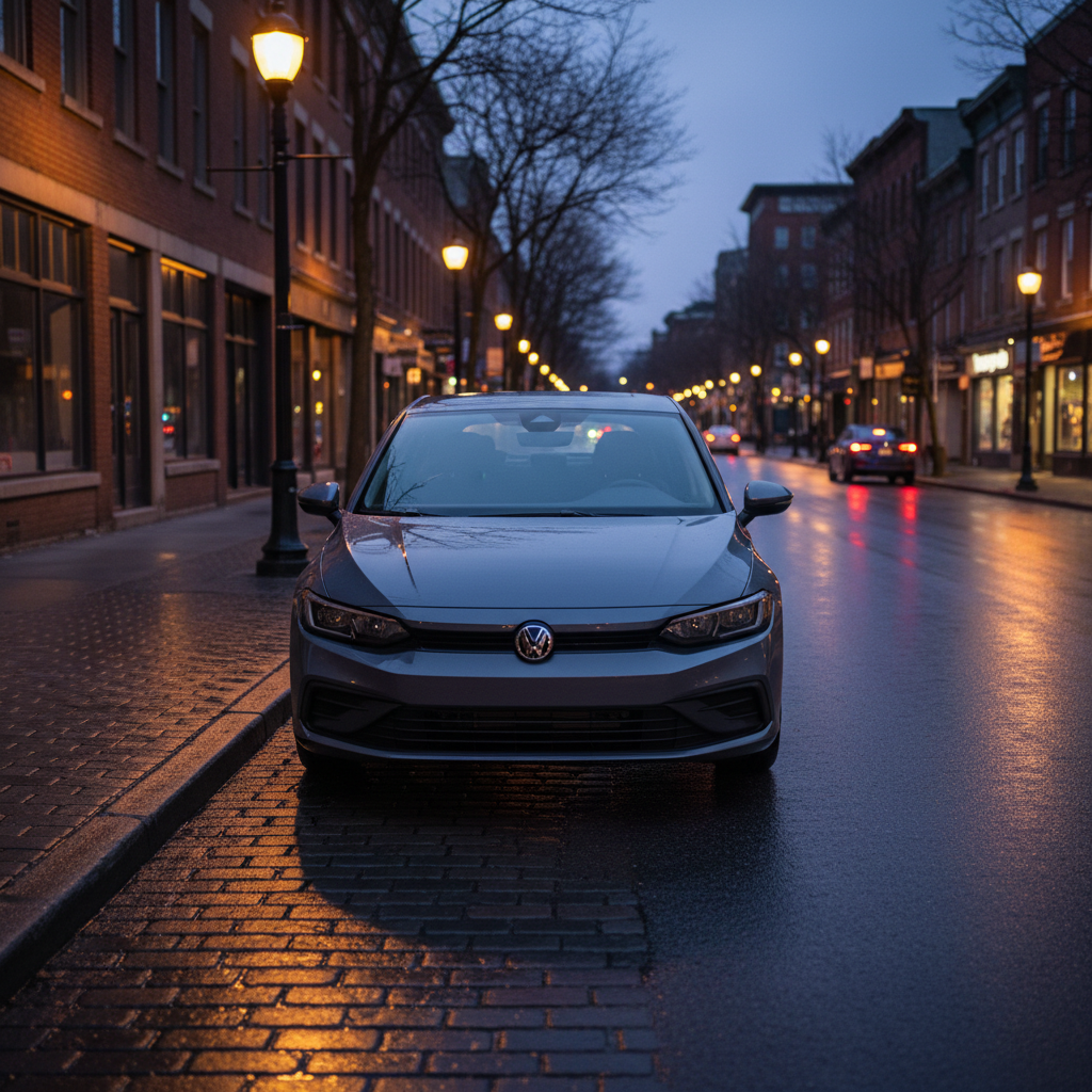 Compact hatchback parked on a Canadian city street at dusk for gig delivery work