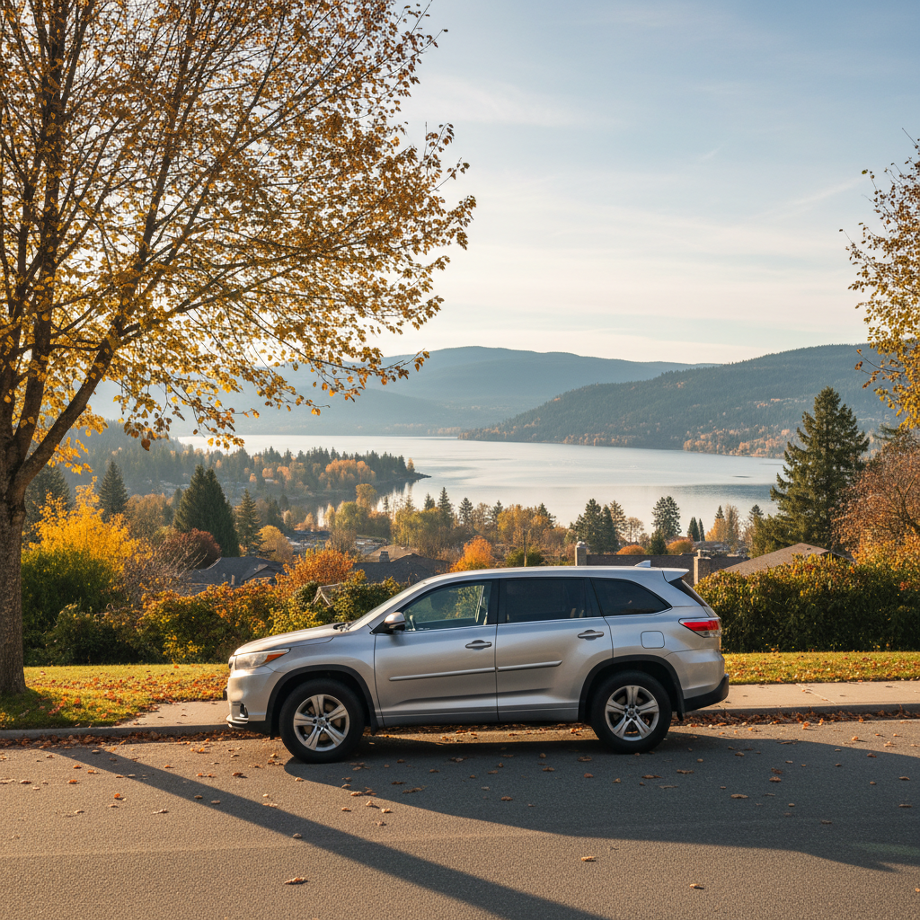 Used SUV parked on a quiet residential street in Vernon, BC with Okanagan hills in the background
